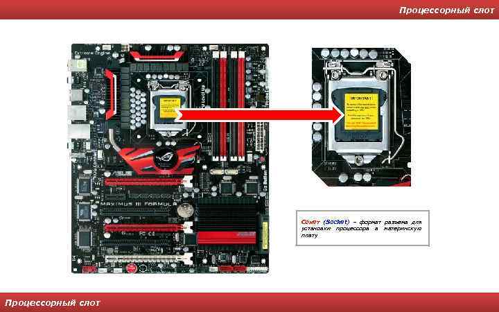 Процессорный слот Сокет (Socket) – формат разъема для установки процессора в материнскую плату Процессорный