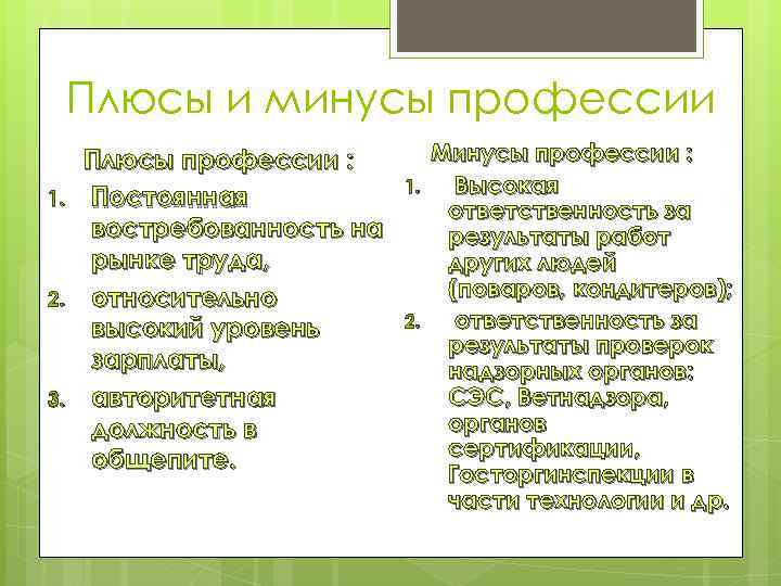 Плюсы и минусы профессии 1. 2. 3. Плюсы профессии : Постоянная востребованность на рынке