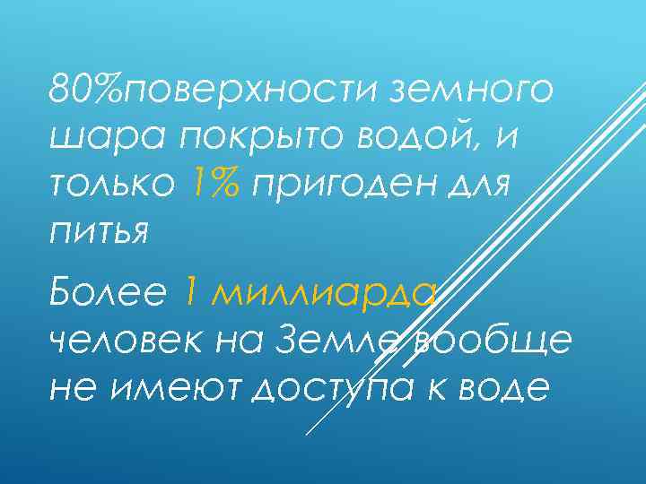 80%поверхности земного шара покрыто водой, и только 1% пригоден для питья Более 1 миллиарда