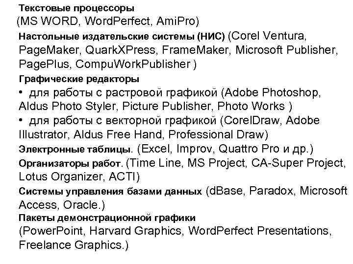 Текстовые процессоры (MS WORD, Word. Perfect, Ami. Pro) Настольные издательские системы (НИС) (Corel Ventura,