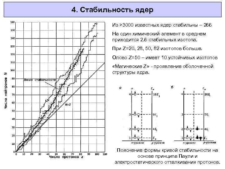 4. Стабильность ядер Из >3000 известных ядер стабильны – 266 На один химический элемент