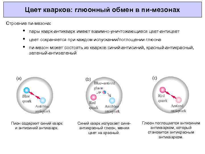 Цвет кварков: глюонный обмен в пи-мезонах Строение пи-мезона: • • • пары кварк-антикварк имеют