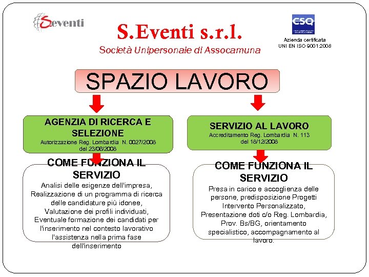 S. Eventi s. r. l. Società Unipersonale di Assocamuna Azienda certificata UNI EN ISO