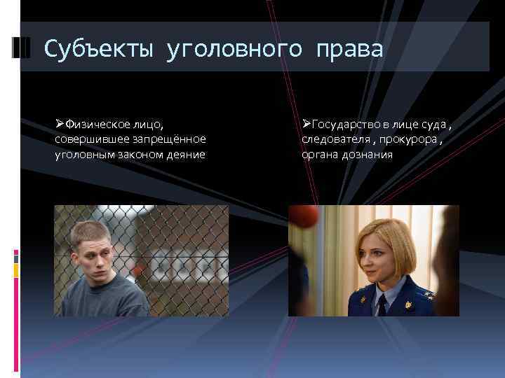 Субъекты уголовного права ØФизическое лицо, совершившее запрещённое уголовным законом деяние ØГосударство в лице суда