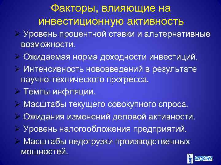 Факторы, влияющие на инвестиционную активность Уровень процентной ставки и альтернативные возможности. Ожидаемая норма доходности