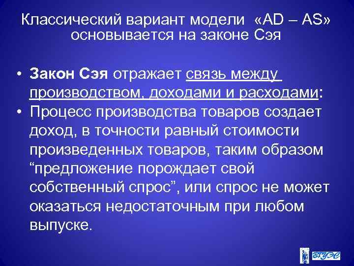 Классический вариант модели «AD – AS» основывается на законе Сэя • Закон Сэя отражает