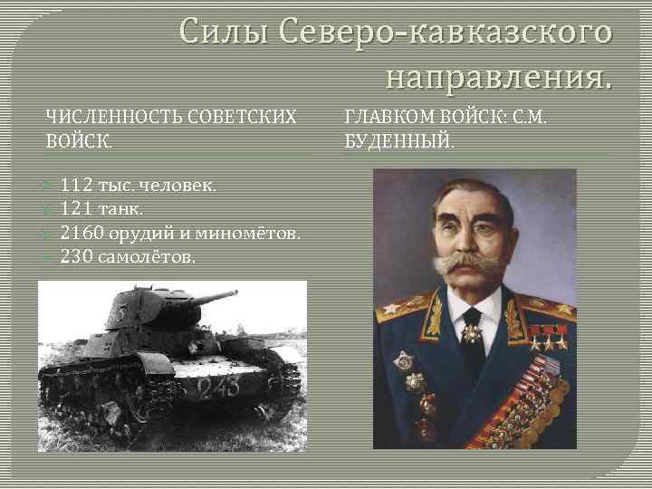 Силы Северо-кавказского направления. ЧИСЛЕННОСТЬ СОВЕТСКИХ ВОЙСК. 112 тыс. человек. 121 танк. 2160 орудий и