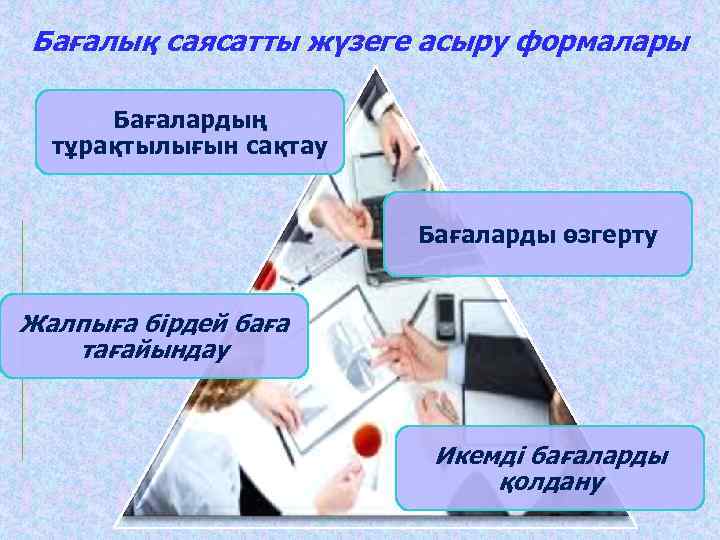 Бағалық саясатты жүзеге асыру формалары Бағалардың тұрақтылығын сақтау Бағаларды өзгерту Жалпыға бірдей баға тағайындау