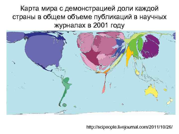 Карта мира с демонстрацией доли каждой страны в общем объеме публикаций в научных журналах