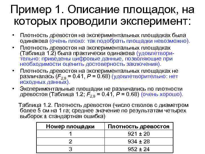 Пример 1. Описание площадок, на которых проводили эксперимент: • Плотность древостоя на экспериментальных площадках