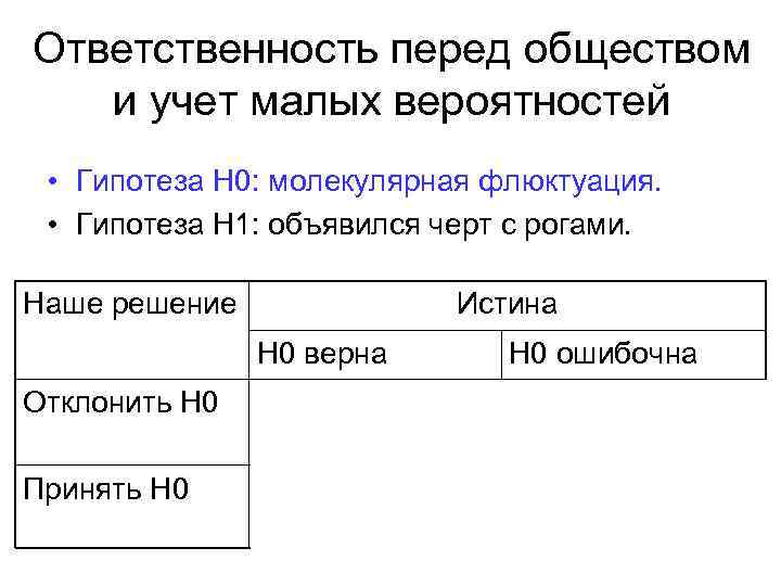 Ответственность перед обществом и учет малых вероятностей • Гипотеза Н 0: молекулярная флюктуация. •