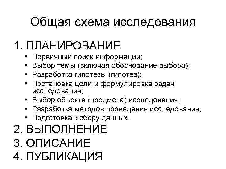 Общая схема исследования 1. ПЛАНИРОВАНИЕ • • Первичный поиск информации; Выбор темы (включая обоснование