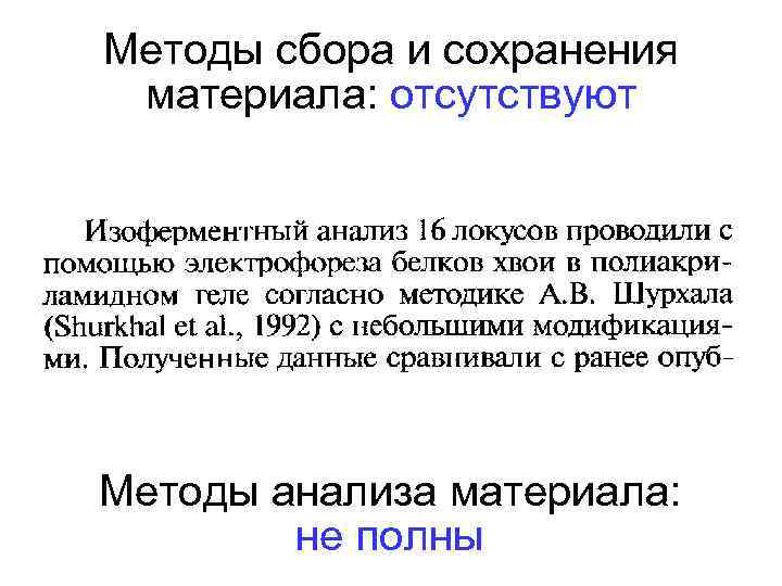 Методы сбора и сохранения материала: отсутствуют Методы анализа материала: не полны 