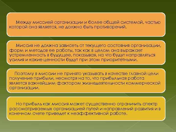 Между миссией организации и более общей системой, частью которой она является, не должно быть
