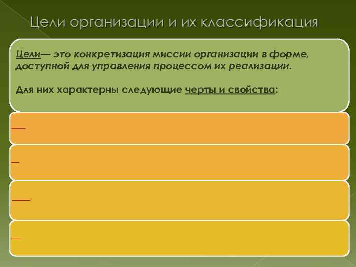 Цели организации и их классификация Цели— это конкретизация миссии организации в форме, доступной для