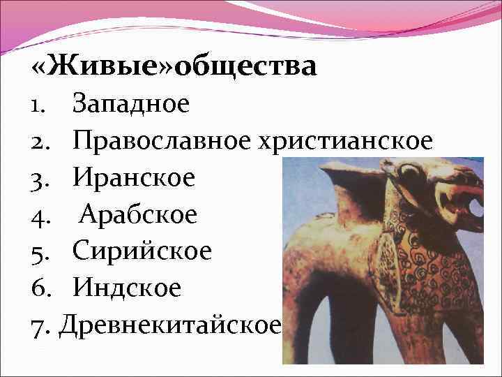  «Живые» общества 1. Западное 2. Православное христианское 3. Иранское 4. Арабское 5. Сирийское