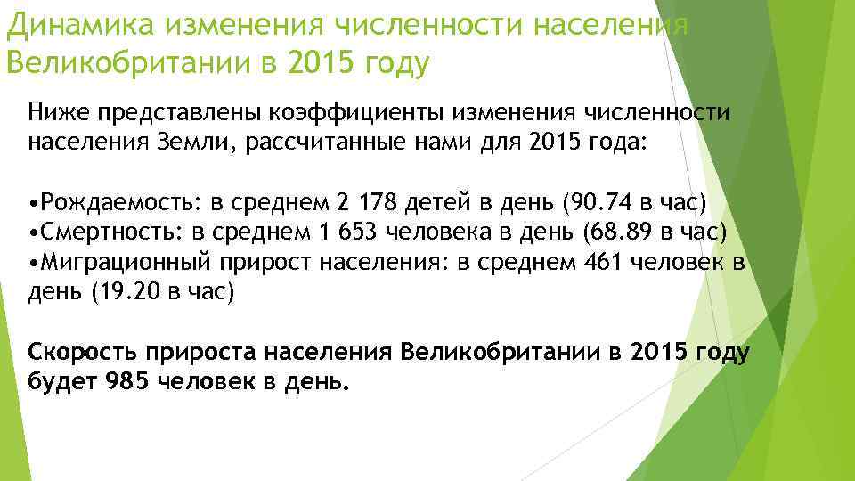 Динамика изменения численности населения Великобритании в 2015 году Ниже представлены коэффициенты изменения численности населения