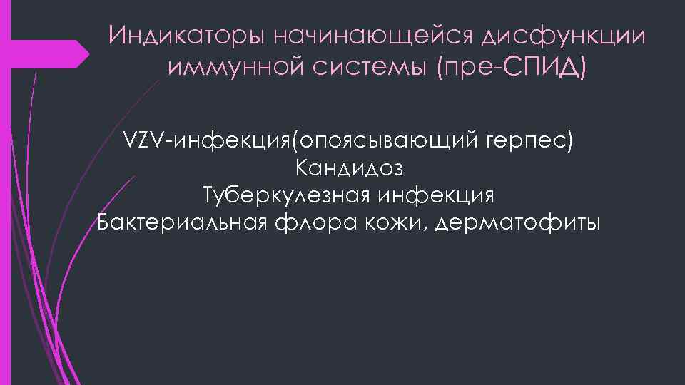 Индикаторы начинающейся дисфункции иммунной системы (пре-СПИД) VZV-инфекция(опоясывающий герпес) Кандидоз Туберкулезная инфекция Бактериальная флора кожи,