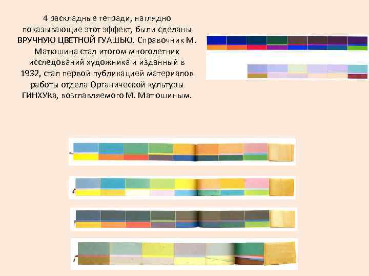 4 раскладные тетради, наглядно показывающие этот эффект, были сделаны ВРУЧНУЮ ЦВЕТНОЙ ГУАШЬЮ. Справочник М.