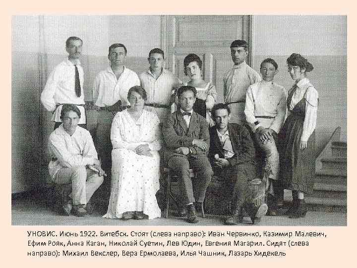 УНОВИС. Июнь 1922. Витебск. Стоят (слева направо): Иван Червинко, Казимир Малевич, Ефим Рояк, Анна