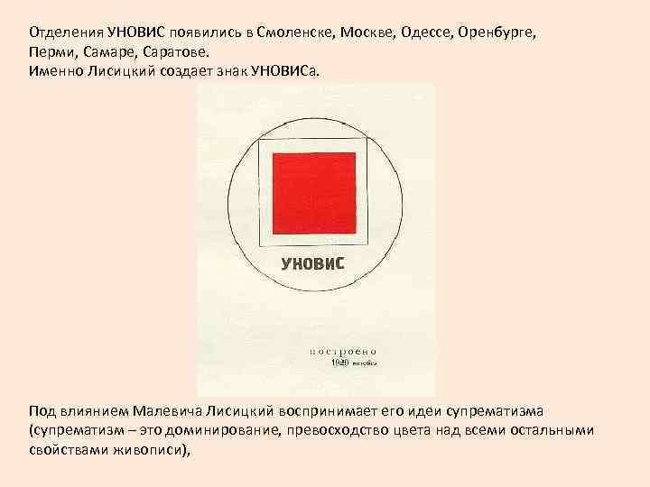 Отделения УНОВИС появились в Смоленске, Москве, Одессе, Оренбурге, Перми, Самаре, Саратове. Именно Лисицкий создает