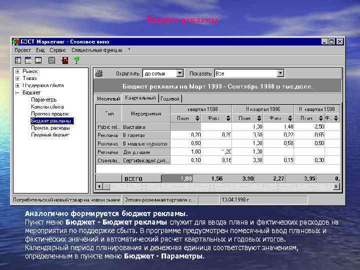 Бюджет рекламы Аналогично формируется бюджет рекламы. Пункт меню Бюджет - Бюджет рекламы служит для