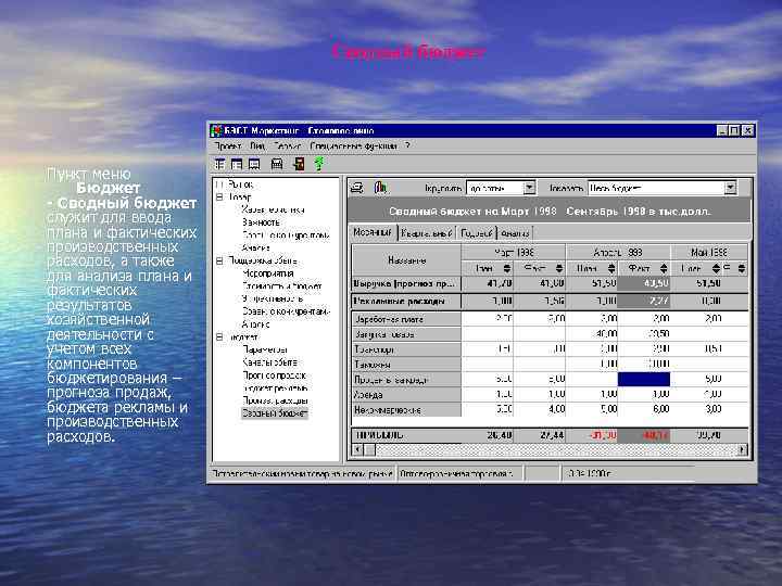 Сводный бюджет Пункт меню Бюджет - Сводный бюджет служит для ввода плана и фактических
