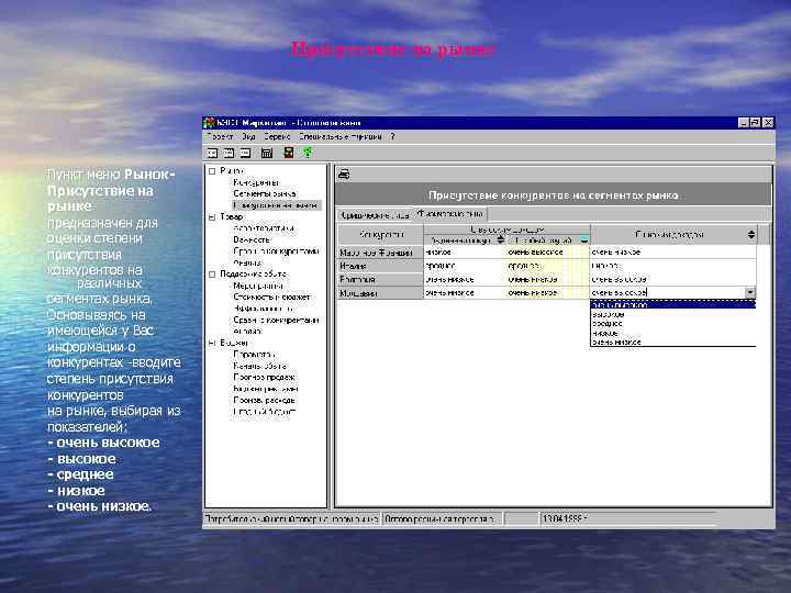 Присутствие на рынке Пункт меню Рынок. Присутствие на рынке предназначен для оценки степени присутствия