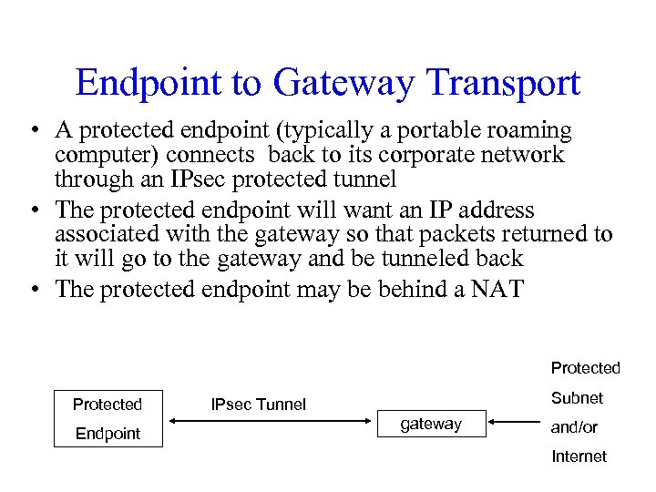 Endpoint to Gateway Transport • A protected endpoint (typically a portable roaming computer) connects