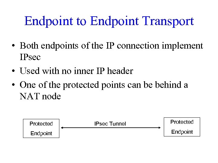 Endpoint to Endpoint Transport • Both endpoints of the IP connection implement IPsec •