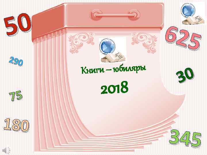 50 290 75 180 625 Книги – юбиляры 2018 30 345 
