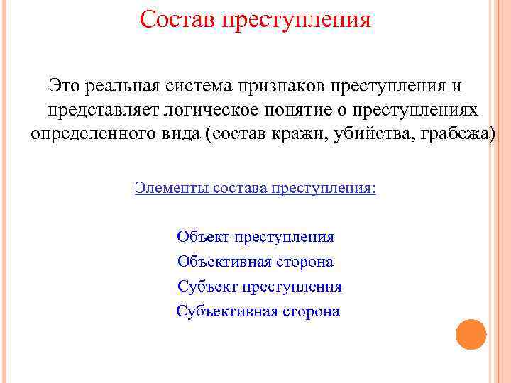 Состав преступления Это реальная система признаков преступления и представляет логическое понятие о преступлениях определенного