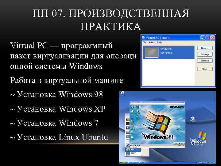 ПП 07. ПРОИЗВОДСТВЕННАЯ ПРАКТИКА Virtual PC — программный пакет виртуализации для операци онной системы