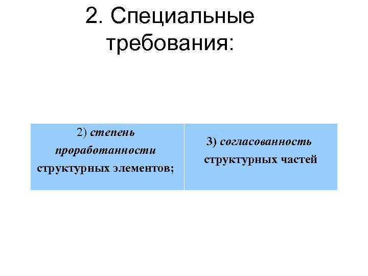 2. Специальные требования: 2) степень проработанности структурных элементов; 3) согласованность структурных частей 