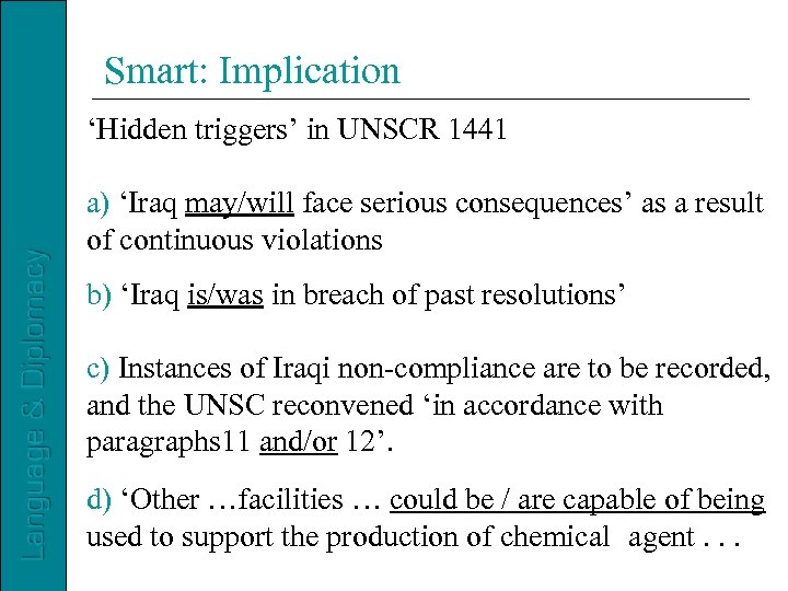 Smart: Implication ‘Hidden triggers’ in UNSCR 1441 a) ‘Iraq may/will face serious consequences’ as