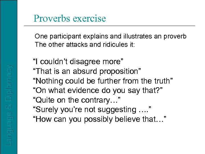 Proverbs exercise One participant explains and illustrates an proverb The other attacks and ridicules