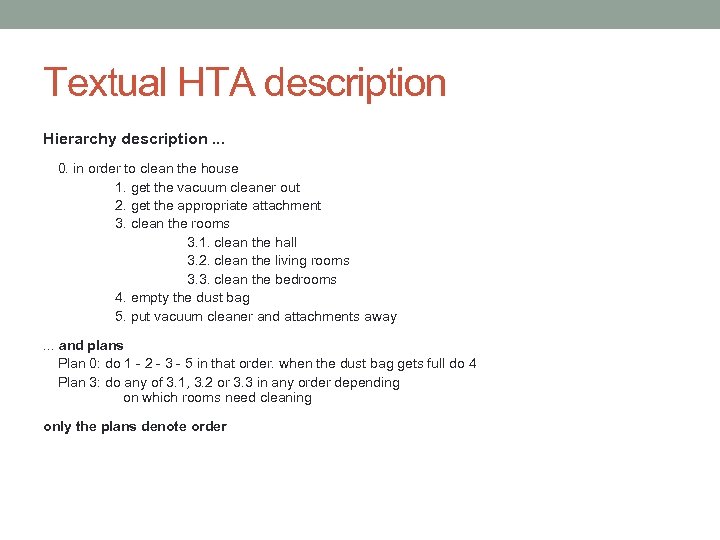 Textual HTA description Hierarchy description. . . 0. in order to clean the house