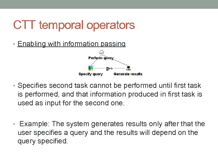 CTT temporal operators • Enabling with information passing • Specifies second task cannot be