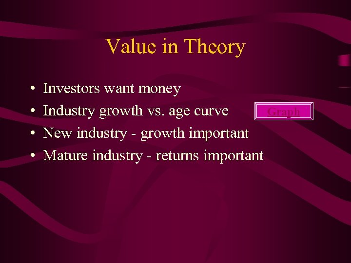 Value in Theory • • Investors want money Industry growth vs. age curve Graph