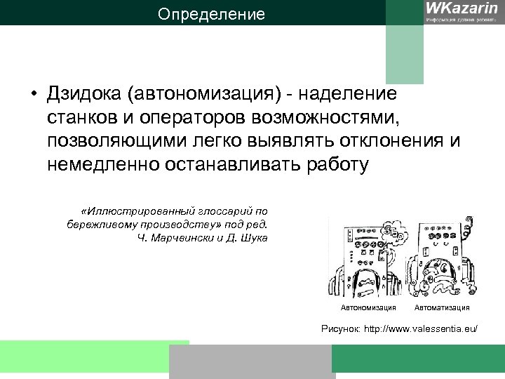Определение • Дзидока (автономизация) - наделение станков и операторов возможностями, позволяющими легко выявлять отклонения