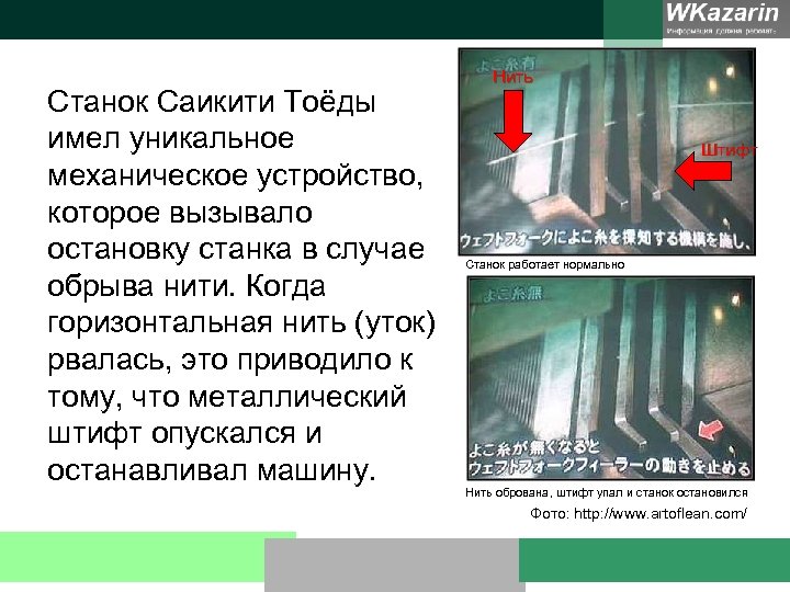 Станок Саикити Тоёды имел уникальное механическое устройство, которое вызывало остановку станка в случае обрыва