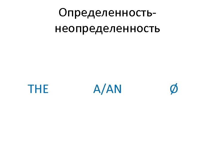 Определенностьнеопределенность THE A/AN Ø 