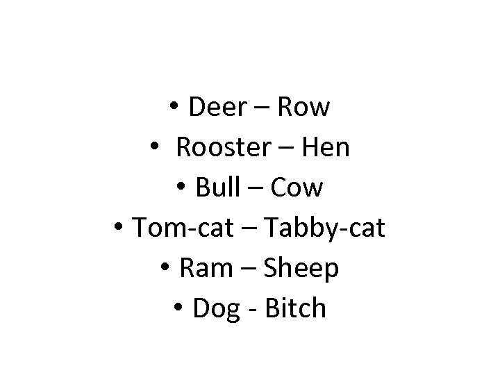 • Deer – Row • Rooster – Hen • Bull – Cow •