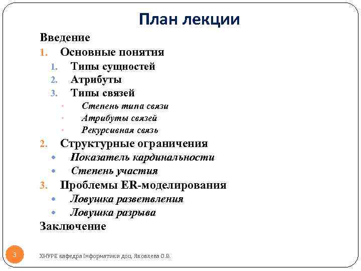 План лекции Введение 1. Основные понятия Типы сущностей Атрибуты Типы связей 1. 2. 3.