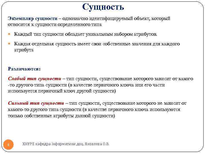 Сущность Экземпляр сущности – однозначно идентифицируемый объект, который относится к сущности определенного типа Каждый