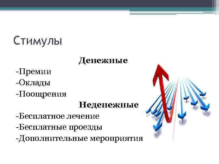 Стимулы Денежные -Премии -Оклады -Поощрения Неденежные -Бесплатное лечение -Бесплатные проезды -Дополнительные мероприятия 