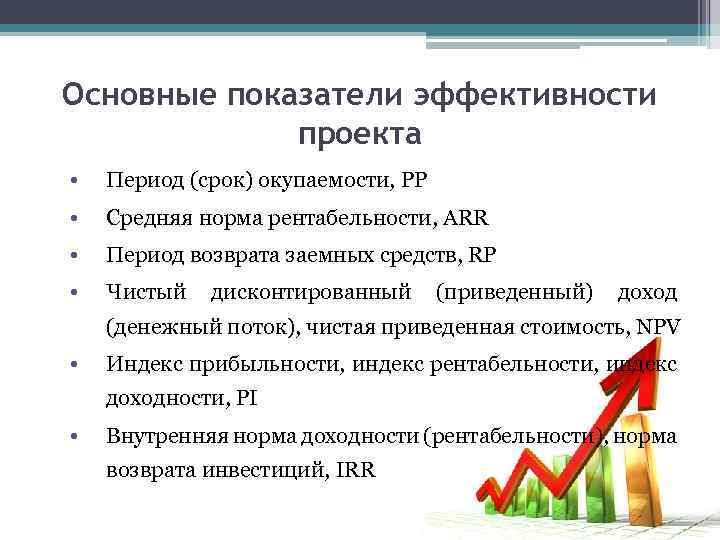Основные показатели эффективности проекта • Период (срок) окупаемости, PP • Средняя норма рентабельности, ARR