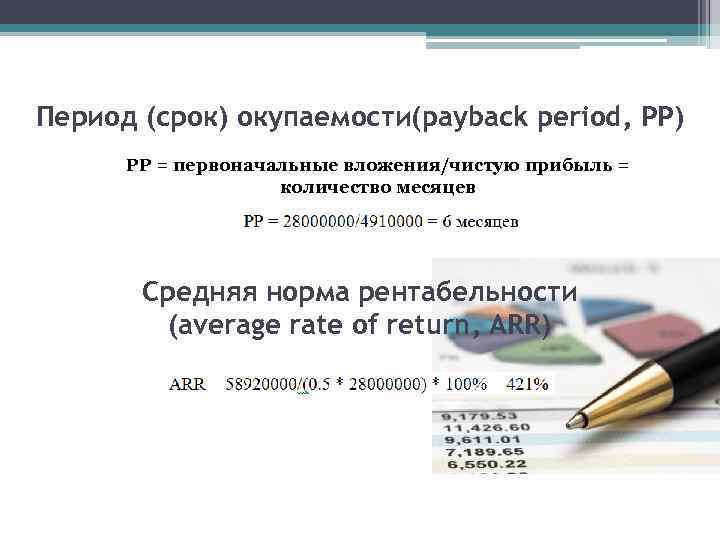 Период (срок) окупаемости(payback period, PP) РР = первоначальные вложения/чистую прибыль = количество месяцев Средняя