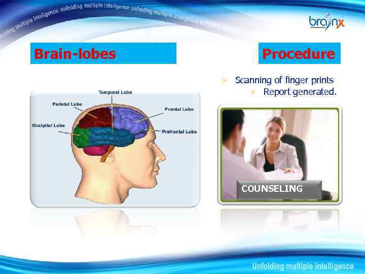 Brain-lobes Procedure Ø Scanning of finger prints Ø Report generated. COUNSELING 