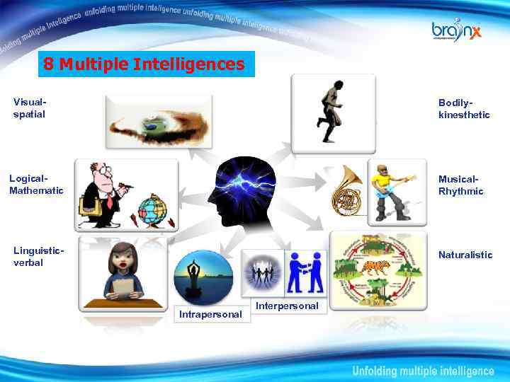 8 Multiple Intelligences Visualspatial Bodilykinesthetic Logical. Mathematic Musical. Rhythmic Linguisticverbal Naturalistic Intrapersonal Interpersonal 